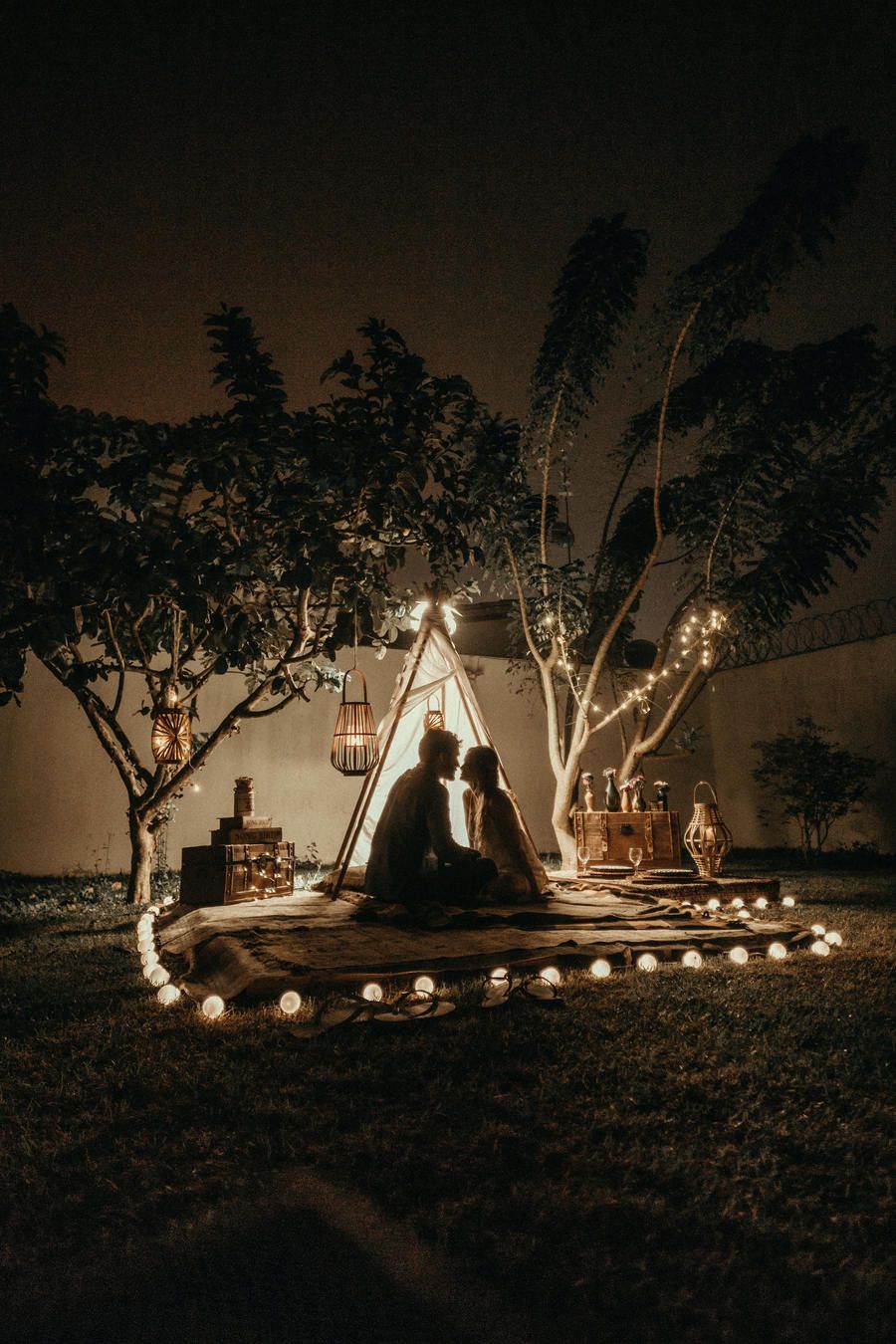 romantic couple outdoors, at night